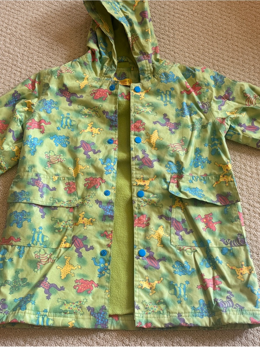Children's Green Hooded Raincoat with Colorful Frog Print